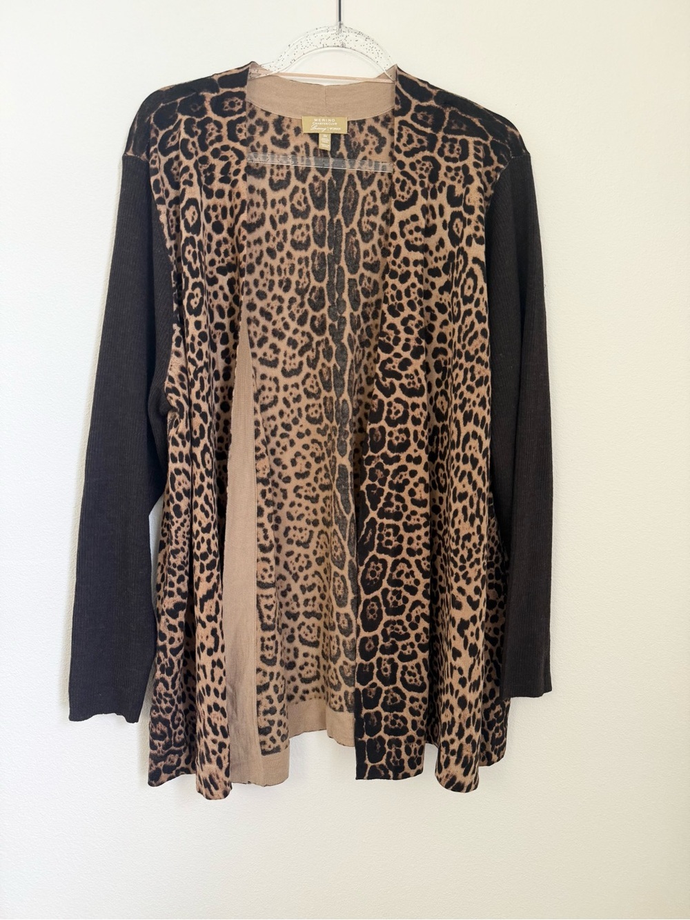 Charter Club Merino Wool Leopard Animal Print Long Sleeve Open Front Cardigan 3X
